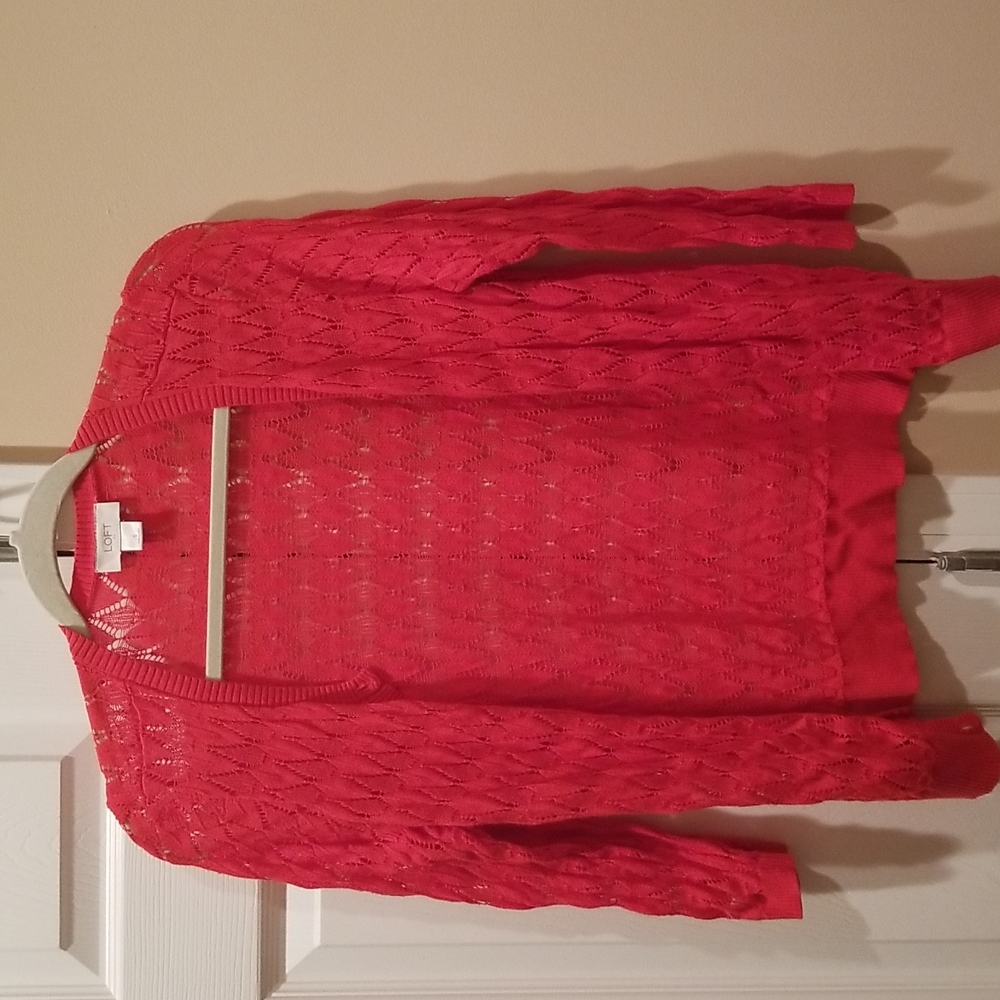 Loft open weave bright orange long sleeve cardigan sweater size small